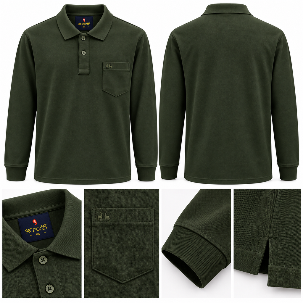 98° North Men’s Long-Sleeve Polo T-Shirt with Chest Pocket – 4 Colours
