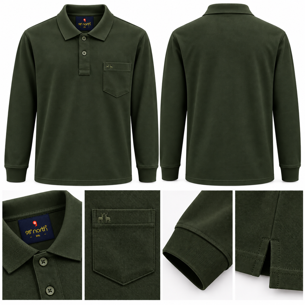 98° North Men’s Long-Sleeve Polo T-Shirt with Chest Pocket – 4 Colours