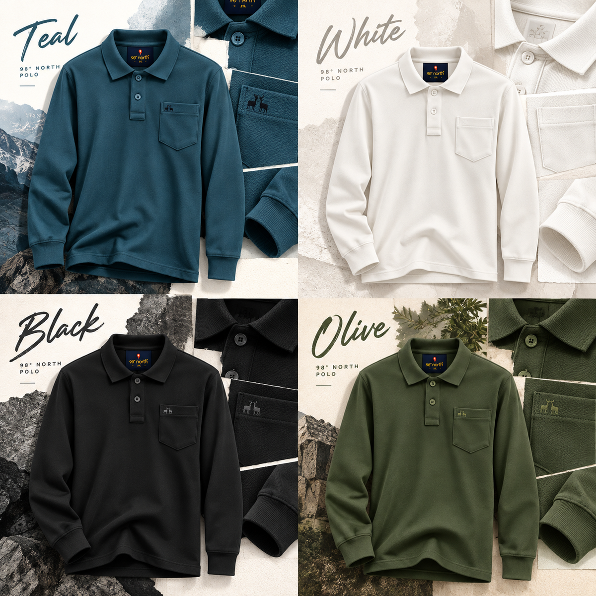 98° North Men’s Long-Sleeve Polo T-Shirt with Chest Pocket – 4 Colours