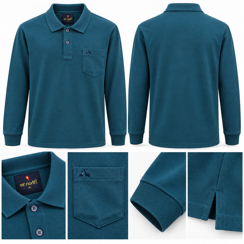 98° North Men’s Long-Sleeve Polo T-Shirt with Chest Pocket – 4 Colours