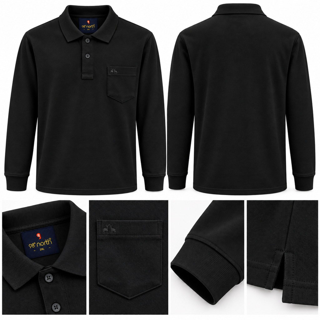 98° North Men’s Long-Sleeve Polo T-Shirt with Chest Pocket – 4 Colours